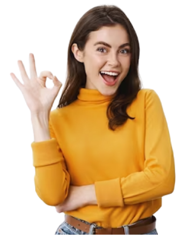 Very good smiling young female model with natural make up showing okay sign and say yes confirm product is alright approve and like something standing on white background